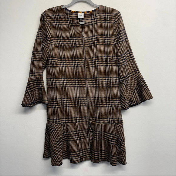 Cabi Flounce Jacket #3902 Tan Brown Navy Tartan Plaid S Zip Front Longline - Picture 5 of 12